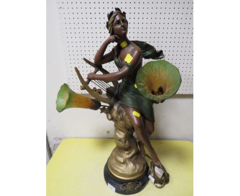 AN ART NOUVEAU STYLE TABLE LAMP DEPICTING A SEATED MAIDEN ON A ROCK 