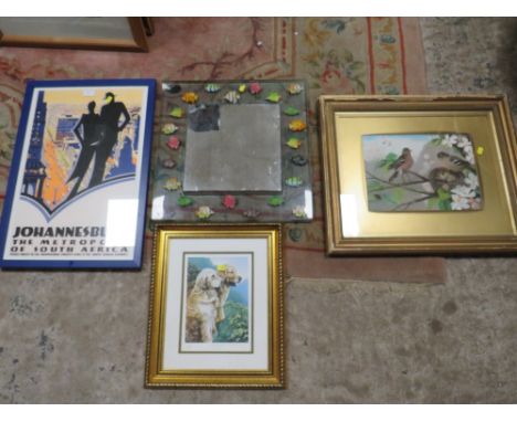 AN UNUSUAL FISH THEMED MIRROR, NIGEL HEMMING PRINT ETC (4)