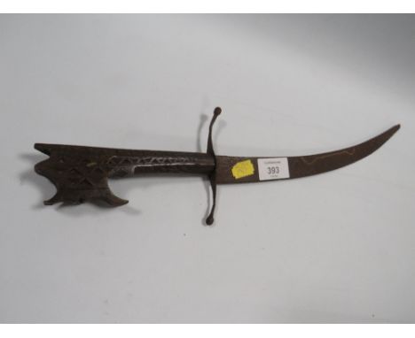 VINTAGE DAGGER WITH CARVED WOODEN HANDLE AND DECORATIVE BLADE