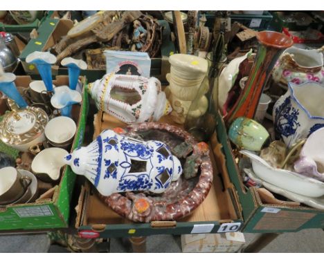 THREE TRAYS OF ASSORTED CERAMICS AND GLASS TO INCLUDE A BLUE/WHITE PLANTER 