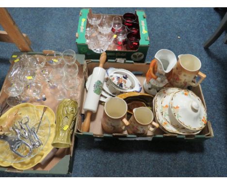 THREE TRAYS OF ASSORTED CERAMICS AND GLASS TO INCLUDE A CERAMIC ROLLING PIN 