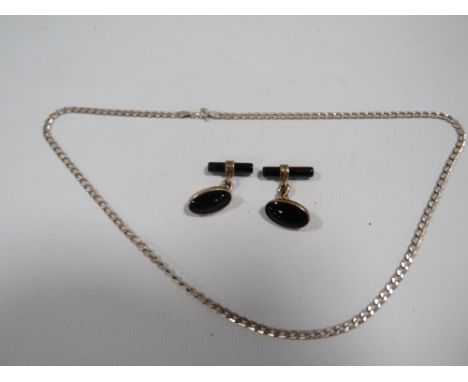 A PAIR OF SILVER AND ONYX CUFFLINKS AND SILVER CURB LINK NECK CHAIN
