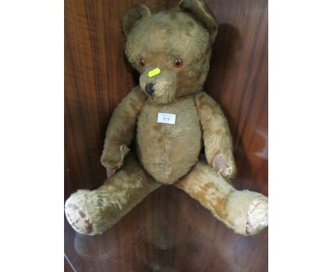 A VINTAGE WORN MOHAIR JOINTED TEDDY BEAR  APPROX HEIGHT 62CM