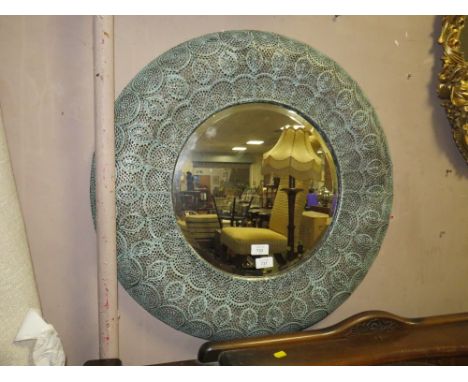 AN EASTERN STYLE MODERN METAL MIRROR WITH TWO GLOBE SHADES