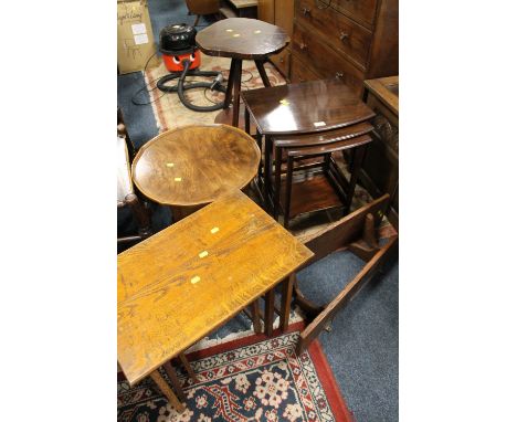 A VINTAGE WALNUT SEWING TABLE WITH TWO NESTS OF TABLES, A LAMP TABLE &amp; SHELVES