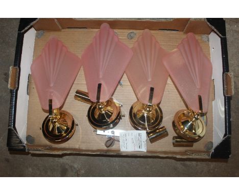 FOUR MODERN ART DECO WALL LIGHTS WITH PINK GLASS SHADES