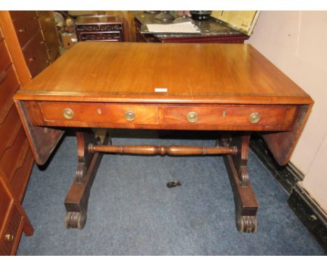 A 19TH CENTURY CROSSBANDED MAHOGANY SOFA TABLE, with two frieze drawers, raised on shaped supports and turned stretcher, W 15