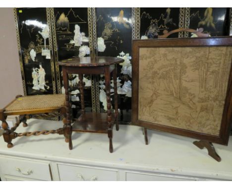 A WEAVED TOP FOOTSTOOL TOGETHER WITH AN OAK SIDE TABLE AND A TAPESTRY FIRE SCREEN