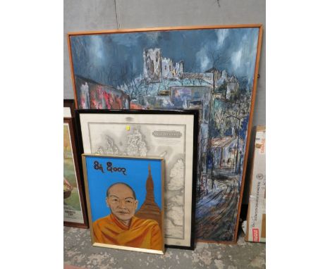 A LARGE IMPRESSIONIST OIL ON BOARD 123 X 92 CM WITH A BUDDHIST OIL AND MAP (3)