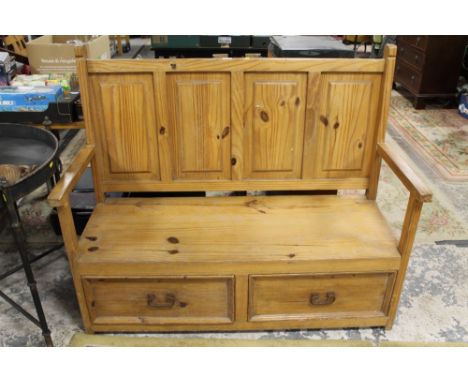A PINE SETTLE BENCH WITH TWO DRAWERS - W 130 CM