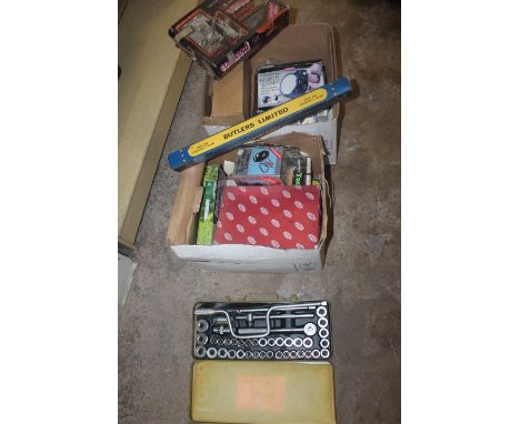 A SELECTION OF BOXED MECHANICS TOOLS ETC TO INCLUDE TWO SOCKET SETS / SPANNERS ETC