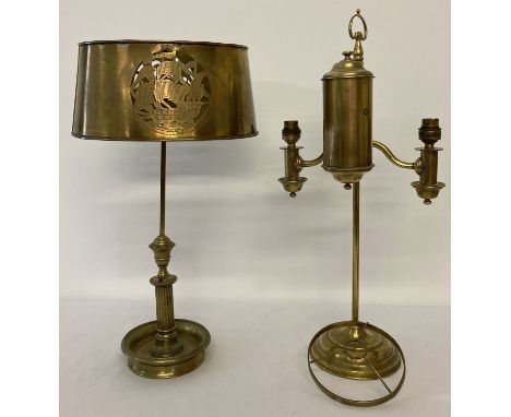 2 vintage brass table lamp stands, one with pierced work ship design to brass lamp shade.  Tallest approx. 57cm.