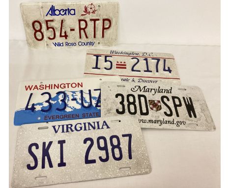 A collection of vintage plastic and aluminium American license plates.  