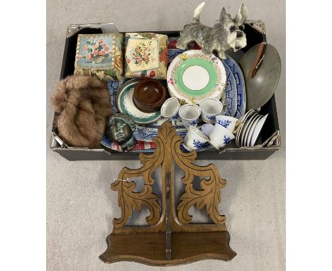 A box of mixed items to include willow pattern meat plates, hand cymbals, card trinket boxes and a small decorative wooden sh