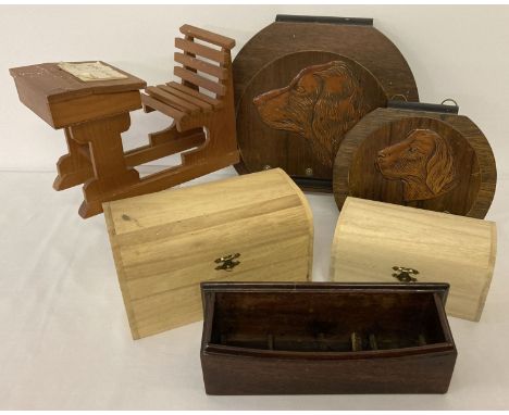 A collection of vintage wooden items. To include: letter racks, miniature desk and lidded boxes. 