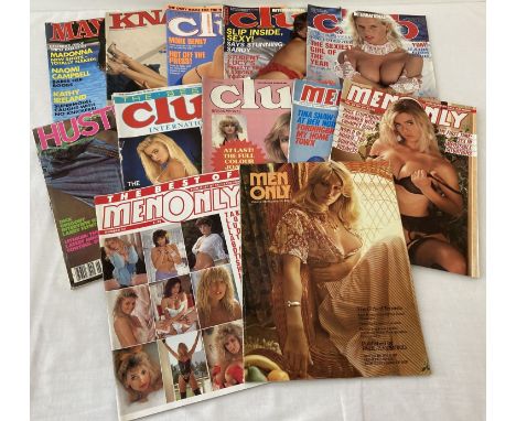 12 assorted vintage adult erotic magazines. Comprising: 5 x Club International, Mayfair, Hustler, 3 x Men Only and Knave. 