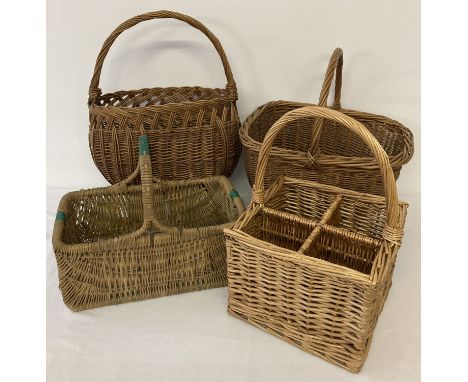 4 assorted vintage baskets to include 4 sectional bottle basket and vintage shopping baskets.  