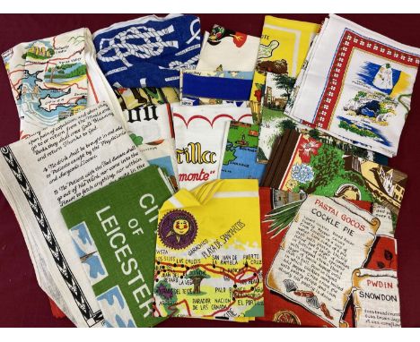 A collection of 18 vintage cotton and linen tea towels. Most designs are British and foreign holiday destinations. 