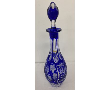 A vintage blue &amp; clear Bohemia style, Western Germany glass decanter. With grape and vine detail, complete with stopper. 