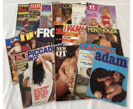 A bundle of assorted vintage adult erotic magazines comprising 18 magazines &amp; a calendar. Lot includes: Fiesta, Penthouse