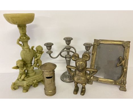 2 brass money boxes, Mickey Mouse and a post box. Together with an Art Nouveau style brass photo frame, a silver plate candel