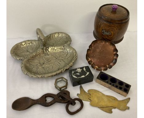 A small collection of mixed items. To include a vintage wooden tea caddy, a carved love spoon and a copper Worthington ashtra