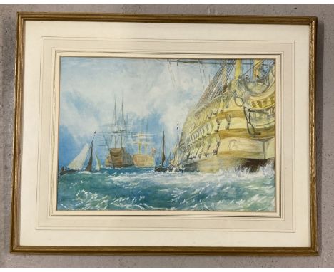A framed and glazed print of "The First Rate Taking In Stores" by J.M.W. Turner. Printed information and a hand written note 