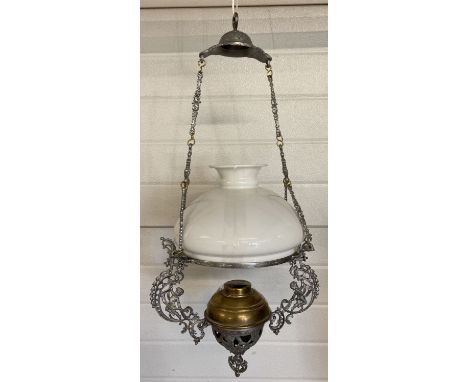 A pendant style ceiling light fitting with cast cherub decoration and whiteglass light shade. Shade a/f. Total drop approx. 6