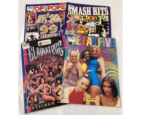 4 vintage sticker albums (complete) from Merlin and Panini. Comprising: Gladiators, The Fab Five; The Spice Girls, Smash Hits