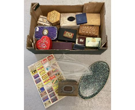 A box of vintage and modern tins and trinket boxes. Box also includes Paua shell tray, scrap book containing match box lids a