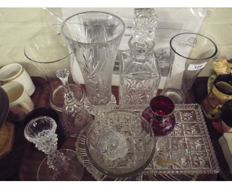 A Tray Containing Coloured and Plain Glass Ware to Include Sprit Decanter Vases Trays Etc. 