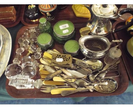 A Tray of Sundries to Include Enamel Dressing Table Set, Flat Ware, Silver Plate, Decanter and Scent Bottle Stoppers Etc.,   