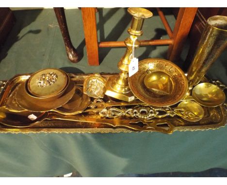 A Tray of Brass Ware to Include Candle Stick Vases Spoons Etc.