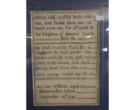 A Framed Religious Sampler By Harriet Whilton Aged 10, Cheswardine School, December 18th 1838.