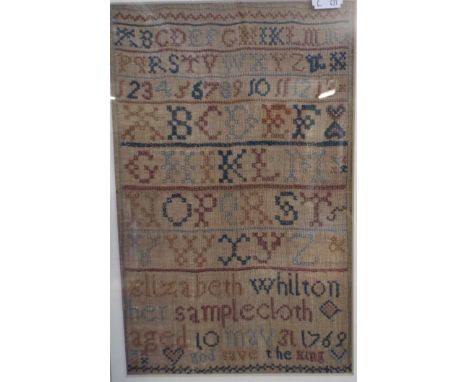 A Framed Sampler by Elizabeth Whilton, Her Sample Cloth Aged 10 May 31st 1769, God Save The King.