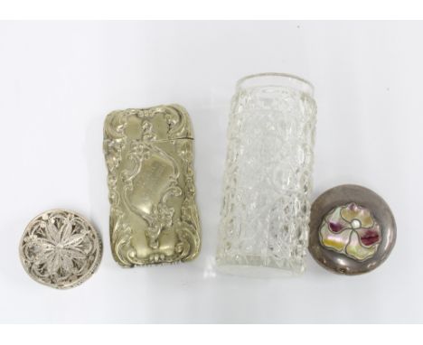 Art Nouveau glass jar with a silver and mother of pearl lid, Birmingham 1911, 9cm high, together with a silver plated vesta c