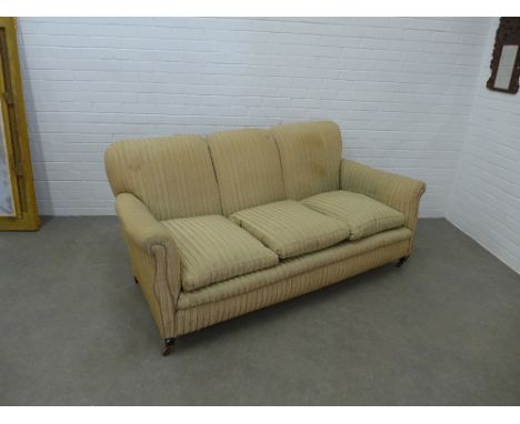 Country House three seater Howard style&nbsp; sofa / settee with scroll arms and striped upholstery, with loose cushions, on 