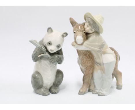 Lladro figures ‘Platero and Marcelino’  and a Nao panda bear (bear a/f) (2) 21cm. 