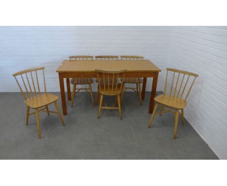 Frank Guille for Kandya, a set of six spindle back chairs., together with a vintage kitchen table with orange formica top, 76