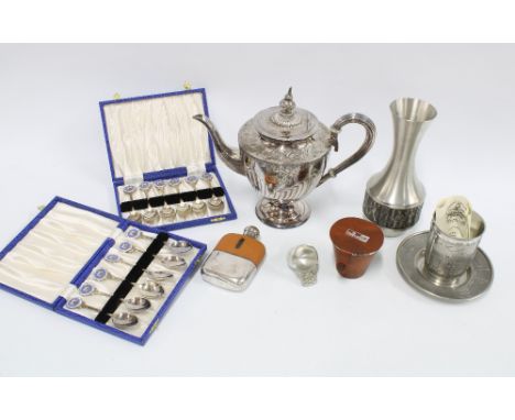 Mixed lot to include an Epns teapot, hip flask, curling teaspoons, pewter vase, etc (a lot) 