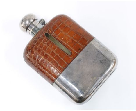 James Dixon &amp; Sons Epns and leather mounted glass hip flask, large size with detachable cup and hinged top, retailed by B