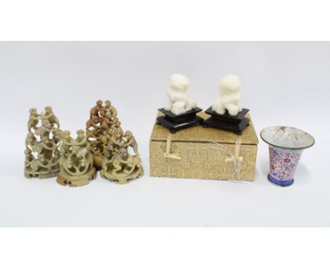 Mixed lot to include soapstone monkeys, small enamel vase an a pair of kylins, etc (a lot) 