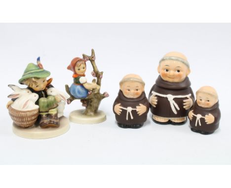 Goebels set of Monk cruets and two Hummel figures (5) 10cm. 