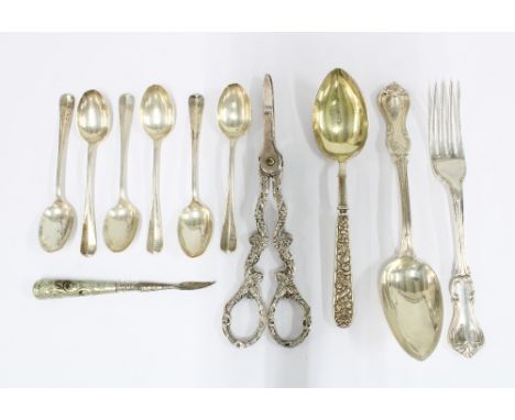 Victorian silver fork and spoon, London 1847, six Sheffield silver teaspoons, Georgian silver dessert spoon with rat tail bow