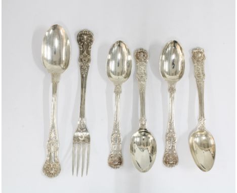 Queens pattern silver spoon and fork, London 1863,  and four silver teaspoons, London 1855 (6) 