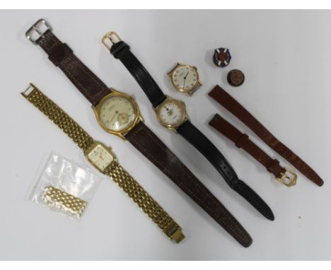Gents vintage Optima wristwatch and two ladys wristwatches, a gold plated watch face and two enamel lapel badges (5) 
