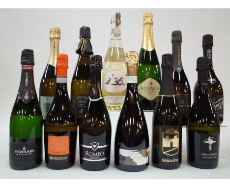 12 BOTTLES ITALIAN SPARKLING WINEFerrari Maximum Blanc de Blancs Brut; Menestrello Piosecco Extra Dry; Romeo Prosecco Extra D