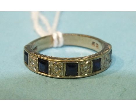 An 18ct white gold half-eternity ring set diamond points and sapphires, size I½, 3.7g.