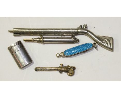 A white metal novelty propelling pencil and tooth pick in the form of a musket, signed Josh Baker, no.1166, 4th April 18?2, (