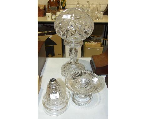 A cut-glass table lamp and shade, chip to rim of shade, 42cm high, three cut-glass bell-shaped shades and a cut dish stand.